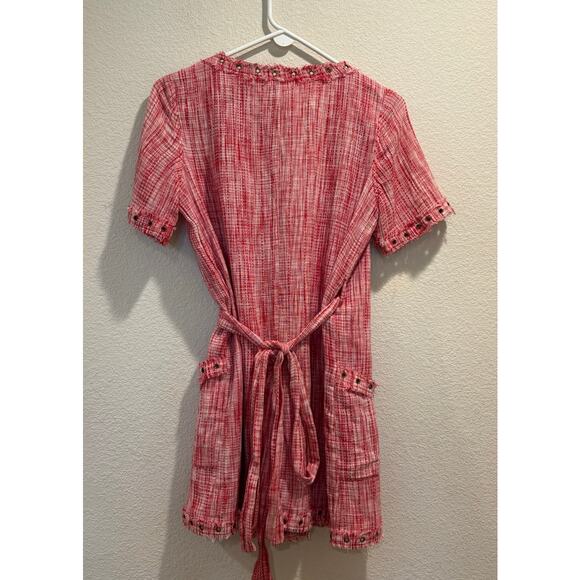 Tularosa Bright Red Rocky Tweed Fringe Grommet Trim Mini Wrap Dress Size XS - Picture 4 of 8